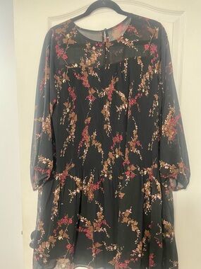 Laura - Floral Black Long-Sleeve Pleated Mini Dress Size 10